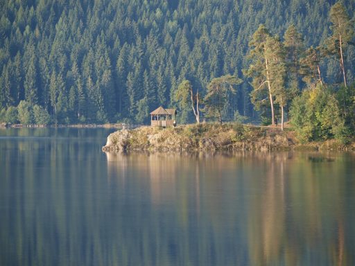 Ruhiger See mit einer kleinen Hütte am Ufer, umgeben von Bäumen und Bergen.