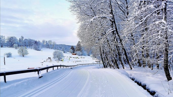 Schneebedeckte Landschaft mit einem gewundenen Weg und Bäumen entlang der Seite.